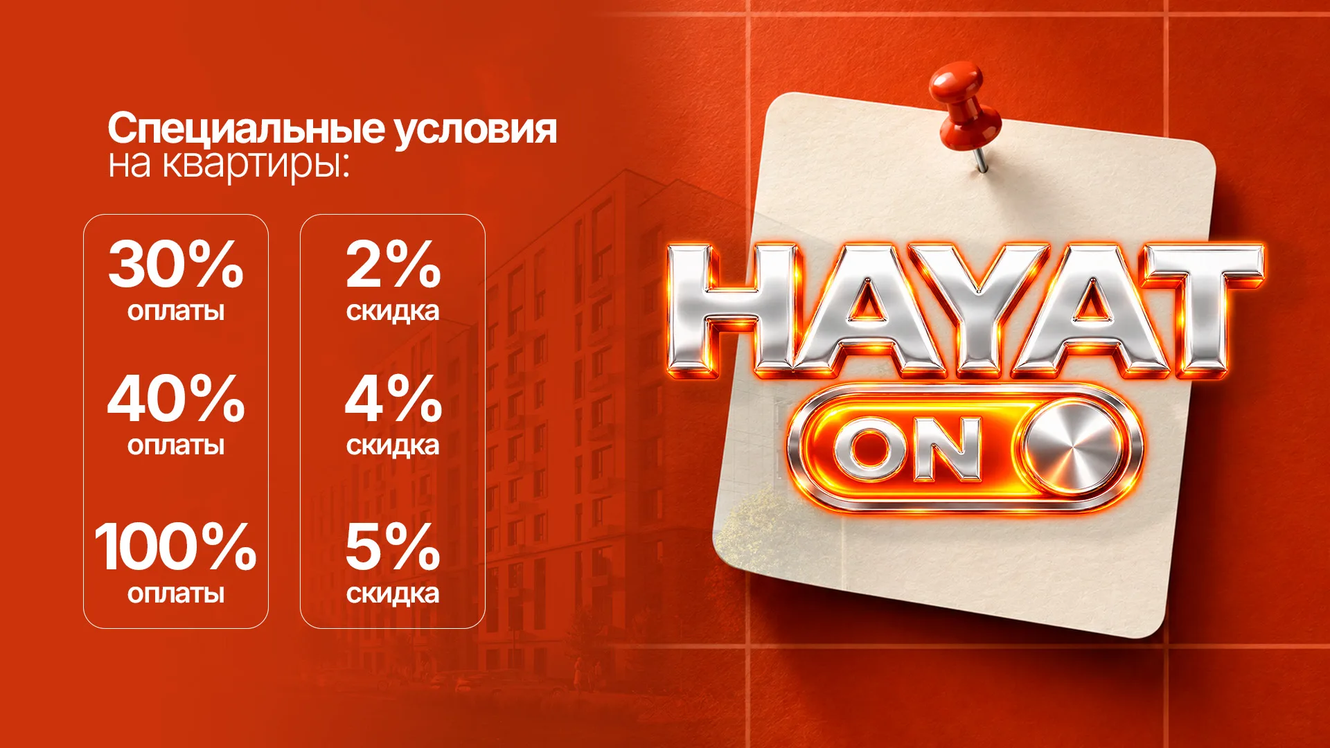 Hayat ON — специальные условия на квартиры: 30% оплаты — скидка 2%, 40% оплаты — скидка 4%, 100% оплаты — скидка 5%